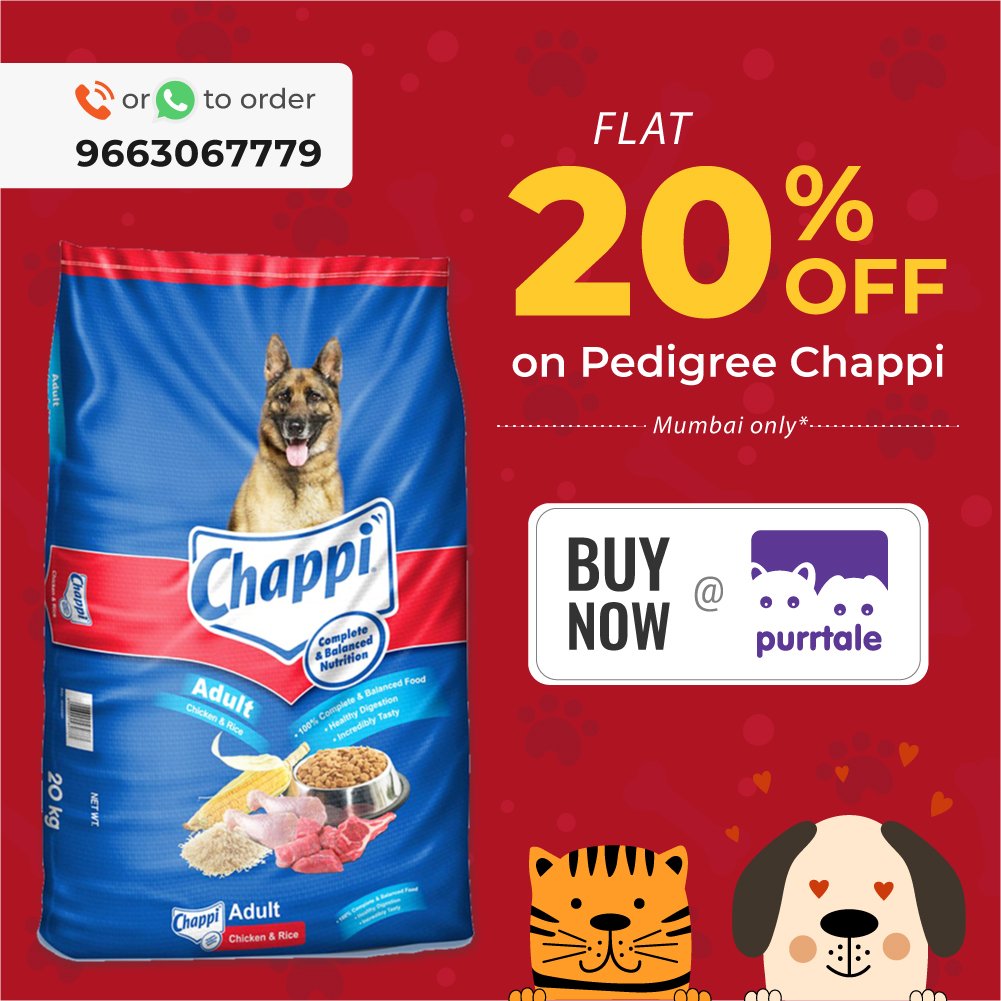 purrtale's tweet photo. **New Deal Alert** FLAT 20% off on Chappi! 
Call or whatsapp on 9663067779 to place your order today!
#Purrtale #Hungry #HungryPet #PetStore #OnlinePetStore #OnlineStore #EasyOrder #Sale #Dealoftheday #Barked #Pedigree #DogFood #Woof #Chappi #NewDealAlert #NewontheBlock #PetDogs https://t.co/Ux5U1Jcg7I