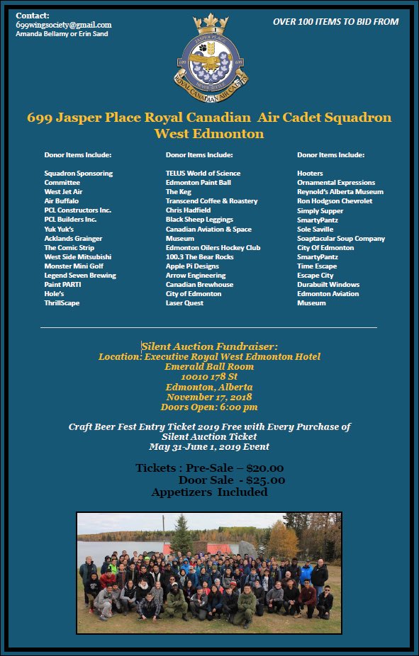 699Cadet's tweet photo. EVENT ALERT ! Silent Auction this weekend, Saturday Nov 17. Please contact for tickets or last minute donations: 699wingsociety@gmail.com #Cadets #yeg #community #fundraising #somuchfun #forouryouth #aviation https://t.co/mWN6IkhBu7