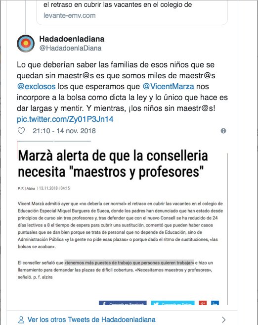 exclosos's tweet photo. @elmundoalc @PepRubio1 Es indignante lo que están haciendo con la educación y con los docentes en general y en la Comunitat Valenciana en particular. Necesitamos que nos den voz. ¡Están riéndose de los maestr@s, de las familias y los niñ@s! @exclosos @danielmolto @VicentMarza @elmundoalc @miguelsolerg https://t.co/qIbEm4mqJY