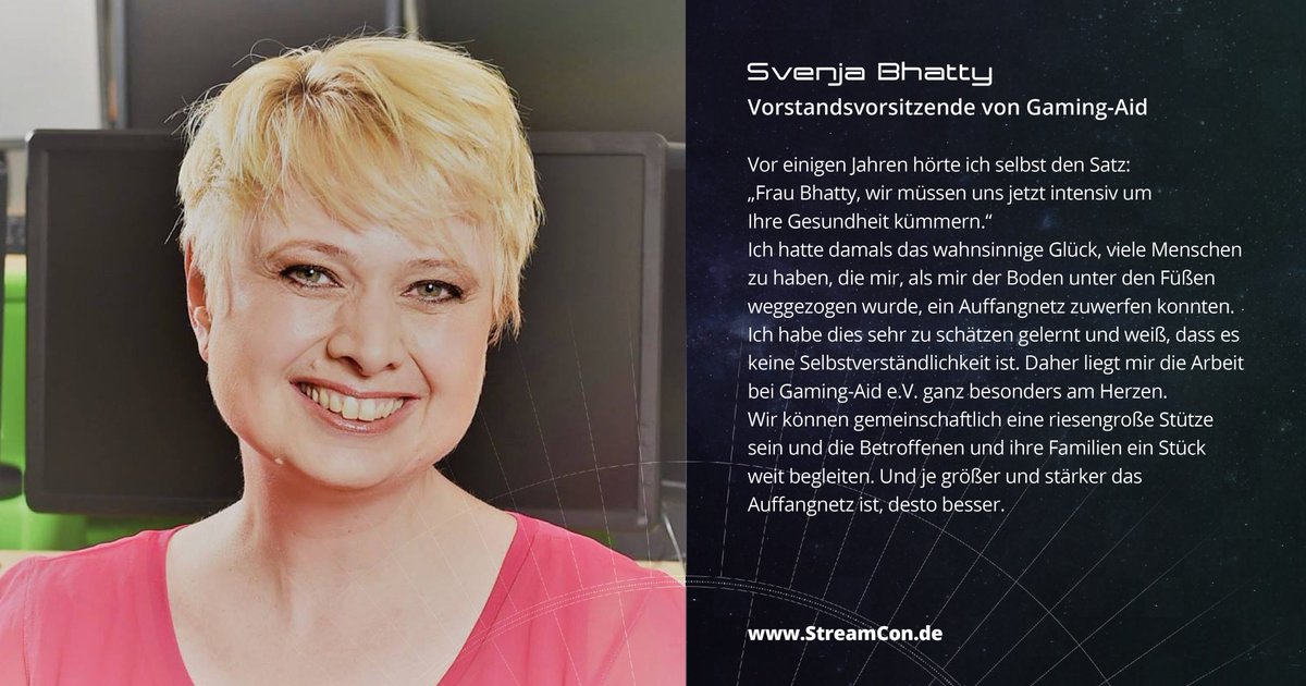 StreamCon (@stream_con) on Twitter photo Unsere nächste Speakerin ist Svenja Bhatty 😄 Als Vorstandsvorsitzende von <a href="/GamingAid/">Gaming-Aid e.V.</a> engagiert sie sich für in Notsituationen geratene Menschen. Auf der #StreamCon könnt ihr sie auf dem Panel zum Thema ''Soziales Engagement 2.0-Streamen und das Bedürfnis zu helfen'' sehen. Unsere nächste Speakerin ist Svenja Bhatty 😄 Als Vorstandsvorsitzende von <a href="/GamingAid/">Gaming-Aid e.V.</a> engagiert sie sich für in Notsituationen geratene Menschen. Auf der #StreamCon könnt ihr sie auf dem Panel zum Thema ''Soziales Engagement 2.0-Streamen und das Bedürfnis zu helfen'' sehen.