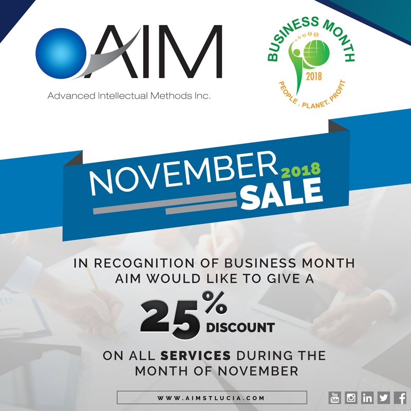 aimInc's tweet photo. In recognition of Business Month, get 25% off all services. Come take advantage of this special offer.

#businessmonth #aim #discounttime #consulting #marketing #digitalmarketing #creativeservices #PR #mediaplanning #businessplans #training #businessanalysis #marketingplans https://t.co/ZOeNQqFvCI