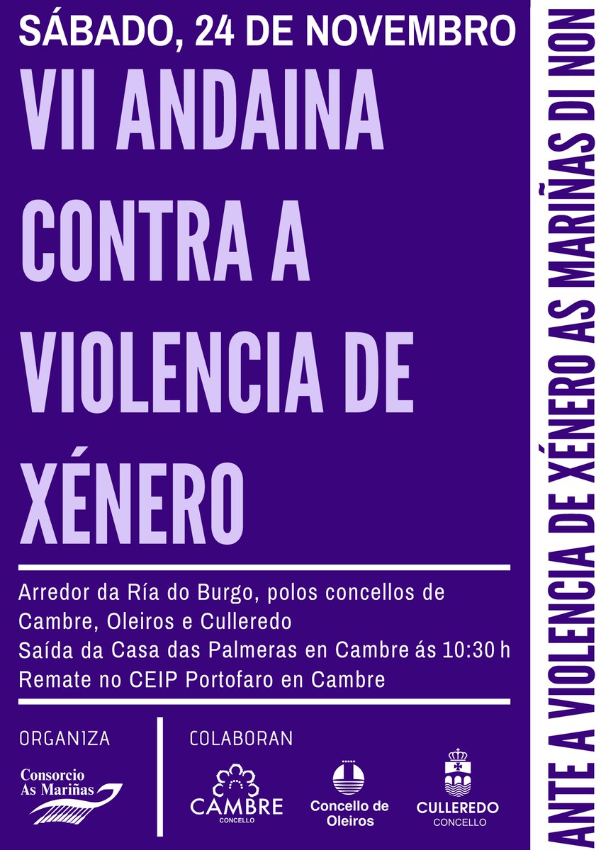 ConBergondo's tweet photo. 📆 A VII #Andaina Contra a Violencia de #Xénero do #Consorcio As #Mariñas terá lugar o sábado 24 de novembro.
Nesta edición, o #percorrido será duns oito quilómetros 🚶♀️🚶♂️, e pasará polos #concellos de #Cambre, Oleiros e Culleredo 🗺️.
#AsMariñasDiNon #GaliciaEnNegro https://t.co/x54PF3FOFt