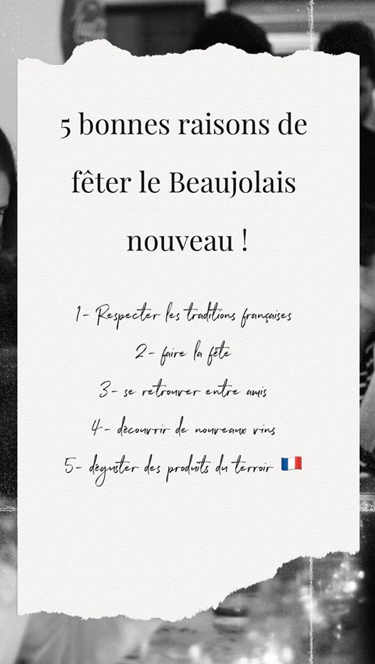 5 bonnes raisons de fêter le Beaujolais nouveaux !!! ;) 
<a href="/BeaujolaisNvx/">Les Beaujolais Nouveaux</a> <a href="/vinsbeaujolais/">Vins du Beaujolais</a>