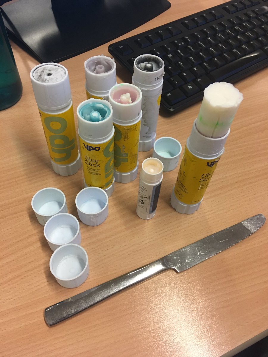 MsMozzo's tweet image. Today, in a free period, I performed an autopsy on my ‘dead’ glue sticks, to create a savage, ‘Frankenstein’ style super-stick. If I do nothing else with my life, I’ll die proud. #teaching #procrastination