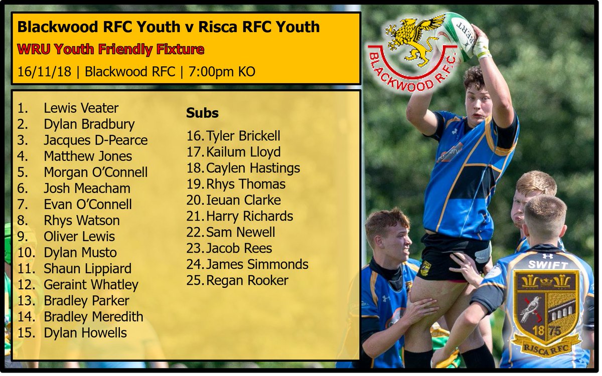 RiscaYouthRFC's tweet photo. FRIDAY NIGHT GAME!
#SupportTheCuckoos
π @BlackwoodYouth
π WRU Youth Friendly
π
Friday 16th November 2018
β° 7:00PM KO
π @BlackwoodRugby
π NP12 1NY
#OneClub #YourClub #UppaYoof
πππ€ππ€πππ https://t.co/t0ISNoRrVx