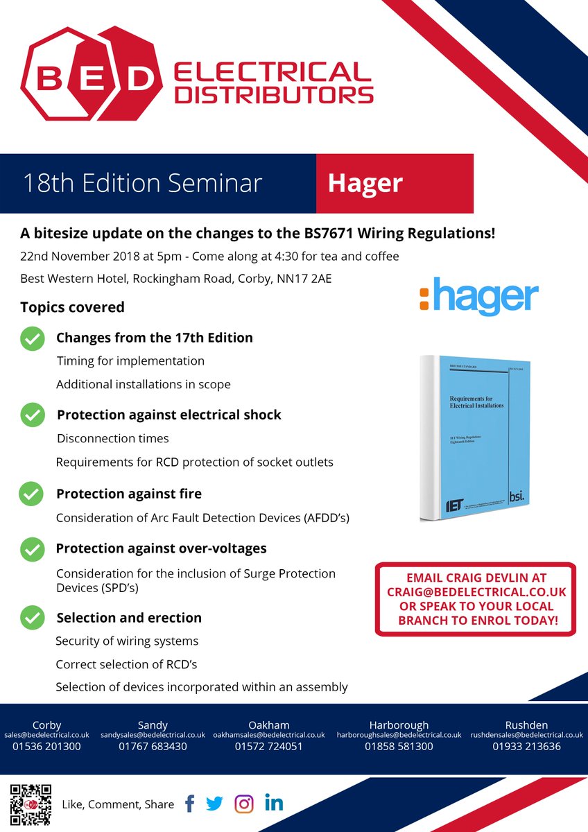 8 DAYS TO GO... Make sure you're coming along to the 18th edition seminar, hosted by Hager! We're holding the event at the Best Western Hotel, Corby. When: 22nd of Nov - Tea & coffee from 4:30pm, seminar starts at 5pm Where: Best Western Hotel, Rockingham Road, Corby, NN17 2AE