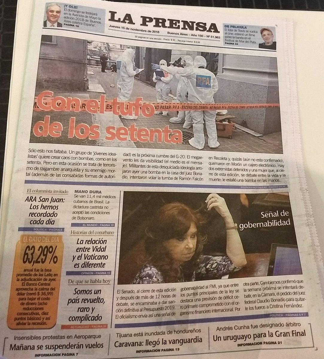 HernanMundo's tweet photo. A todo esto, el diario La Prensa titula: "Con el tufo de los Setenta".
#RamonFalcon #Bonadio #Recoleta #Anarquistas https://t.co/K8BKphCypK