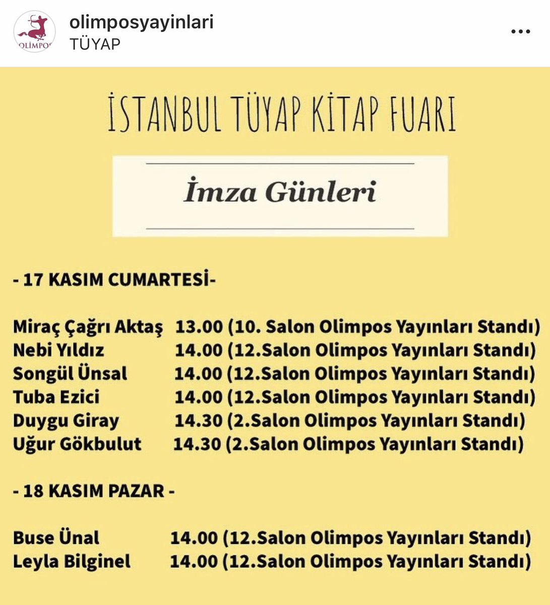 Kavuşma günümüz 18 Kasım Pazar Saat:14.00 🙏🏻
“Candan Öte”m ile sizleri bekliyor olacağız💛
#buseünal#candanöte#tüyap#olimposyayınları#imzagünü