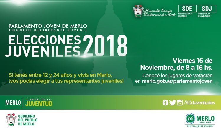 SDJuventudes's tweet image. Este viernes, en todo Merlo, tendrán lugar las #EleccionesJuveniles2018 del Parlamento Joven de Merlo, donde jóvenes merlense de entre 12 y 24 años podrán votar a quienes los representarán Para más información, entra a merlo.gob.ar/parlamentojove….

#MerloCapitalDeLaJuventud