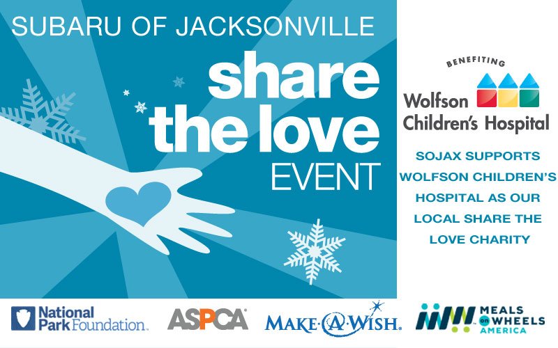 SoJax's tweet photo. It's the most wonderful time of year here at #SOJAX! The Subaru Share the Love event is HERE! Donations with EVERY new car purchase (or lease). $250 from Subaru, $250 match from us! Come by and help us give back to our community! #ShareTheLove #SOJAXGivesBack @WolfsonChildren https://t.co/OhuPFMql1A