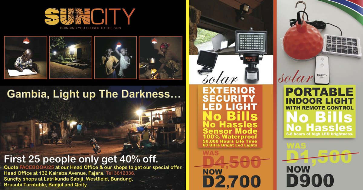 SeringS3's tweet photo. Good morning! Sponsor a child with our #SOLAR indoor study lamp #SC25 now on offer. Our #SOLAR exterior security light #SC60 also on offer with limited stock available. #Gambia #LightUpTheDarkness #Suncityglobal #Solarlights #indoor #outdoor #convenience #hasslefree #NoBills https://t.co/TM6QLMlf4b