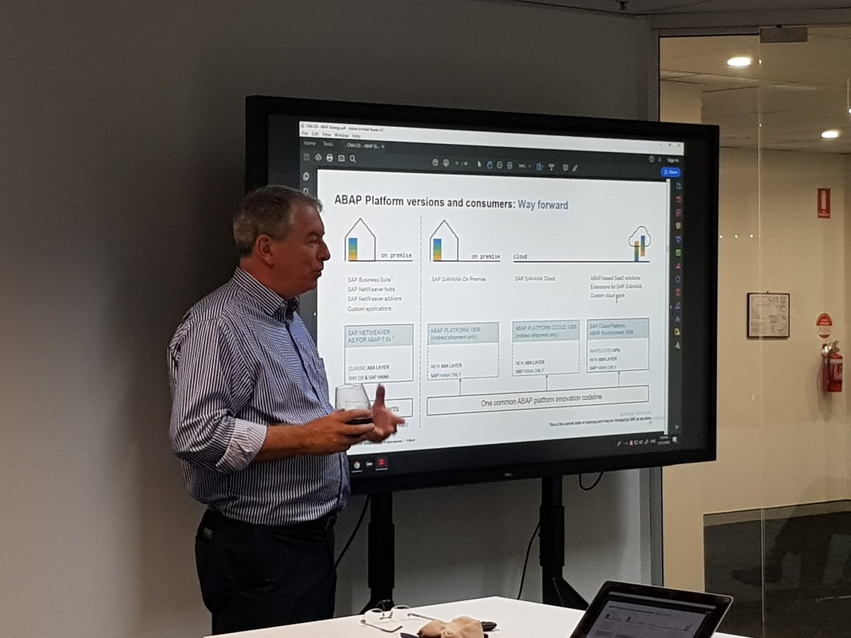 JLante's tweet photo. @grahamrobbo talking about ABAP in the cloud at #sitbne. Btw, nice screen @chris_rae01, the sessions would not be the same without it. #sap https://t.co/RQGxC9EJwB