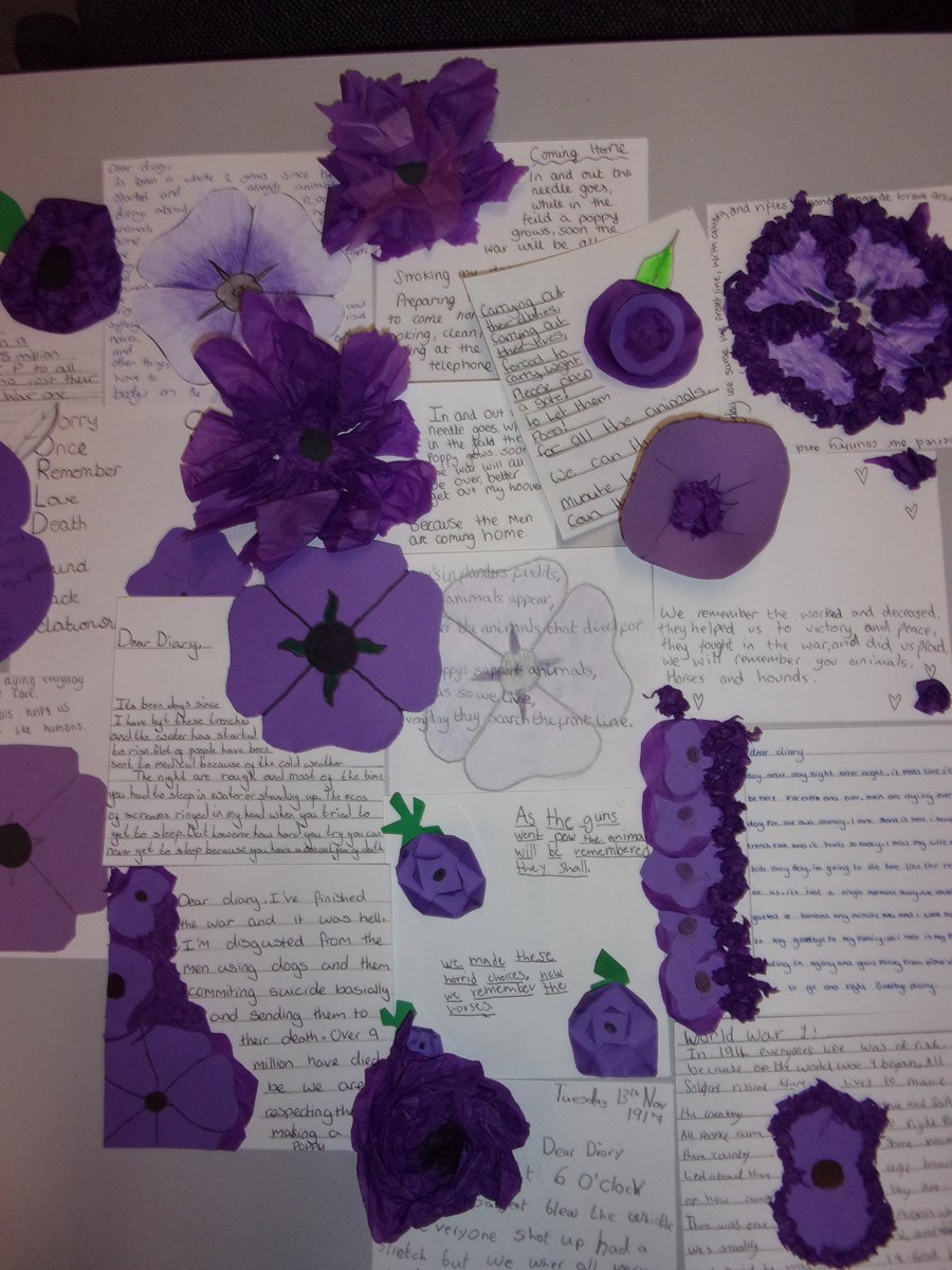 CastleRockSch's tweet image. #Art students have created #PurplePoppy tributes to the many animals lost in service, and those that serve us today #MurphysArmy #LestWeForget #WW1 #WW2 #PurplePoppyCampaign #TheyAlsoServed 💜