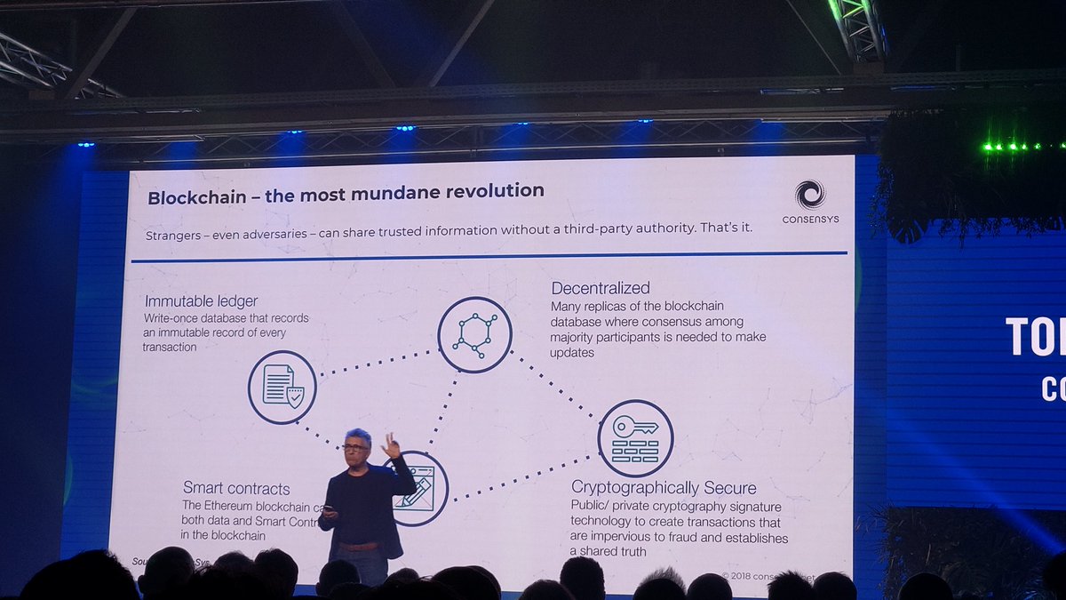 SkarredGhost's tweet photo. Finally someone that explains #blockchain in a simple and understandable way. 
Kudos to Tom Lyons of @ConsenSys AT #Futureland18 https://t.co/wpnTf9ZArO