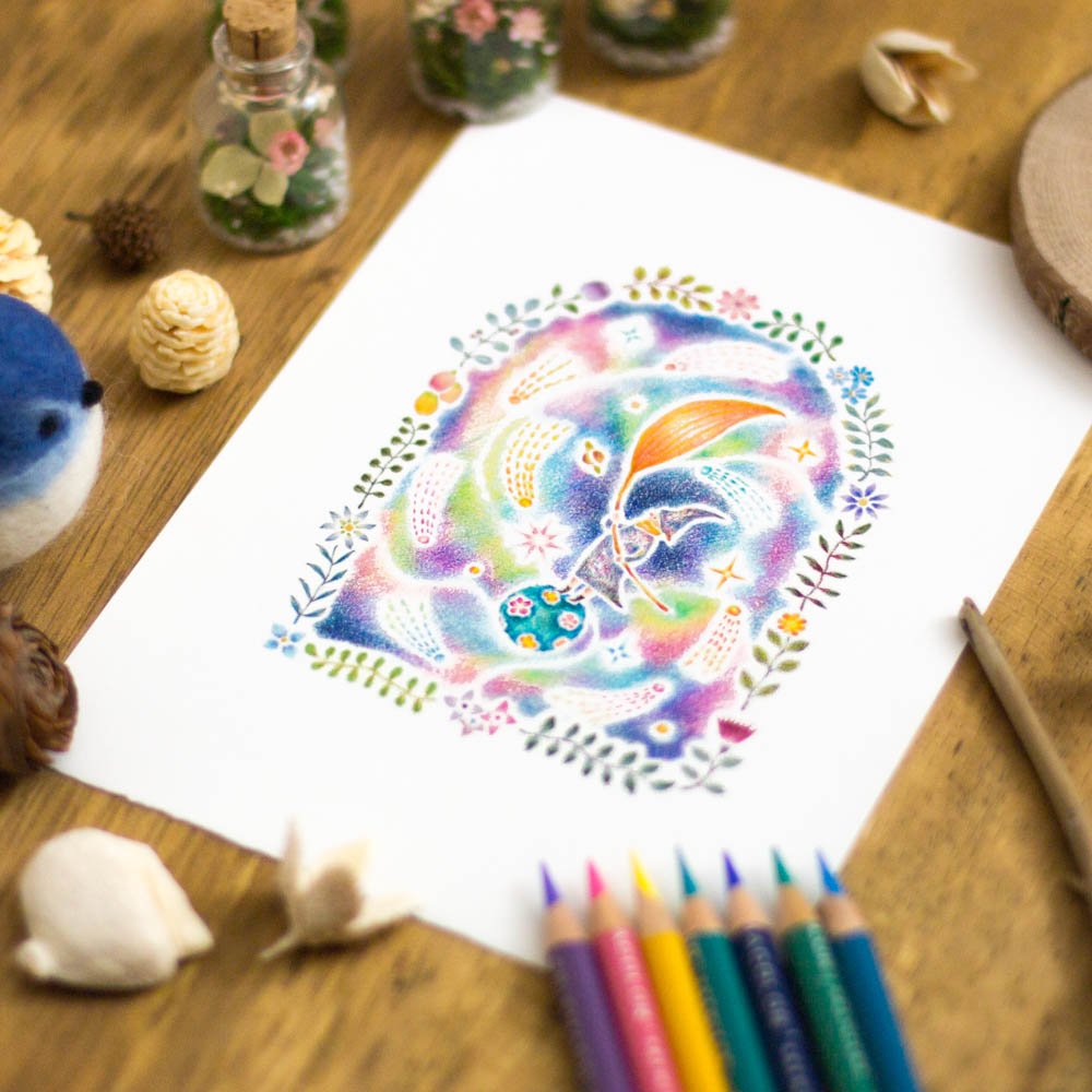 アトリエ リリ 絵と絵本と紙雑貨 アトリエの写真 宇宙に流れる無数の星々 それぞれにちいさな物語を育んでいます Illustration イラスト 星 宇宙 色鉛筆画