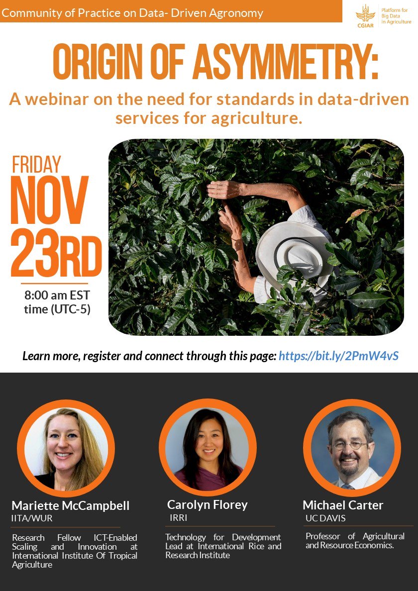 vprot's tweet photo. Webinar on the need for standards in data-driven services for #agriculture: 23/11/2018 8.00AM EST https://t.co/T0jYUqqlfQ via @CGIAR_Data @TechChange #AgData #OpenAgData #BigData https://t.co/lOoWQauyFa