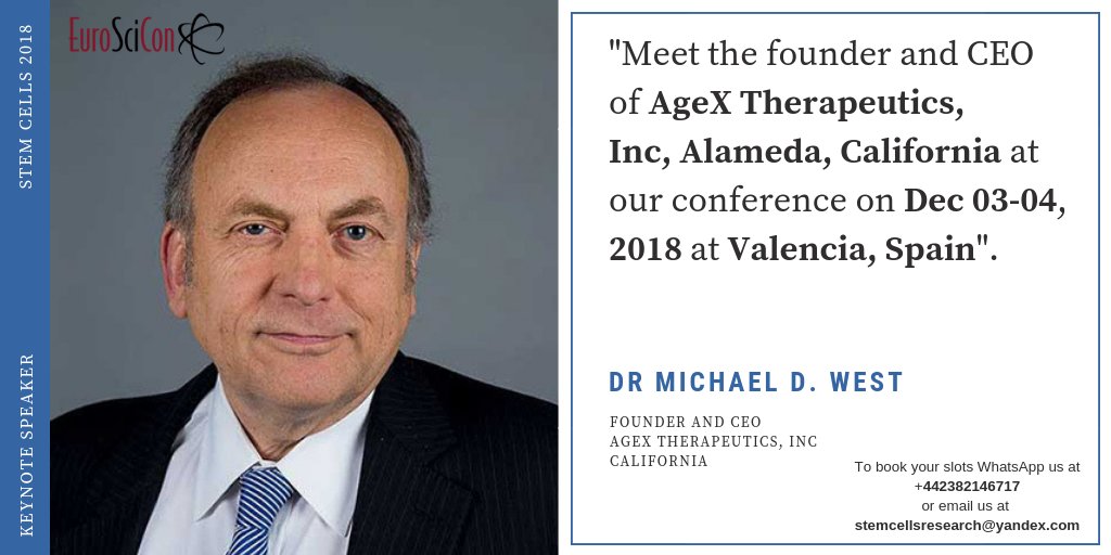 For booking: advanced-stemcells.euroscicon.com/registration
Meet the founder and CEO of AgeX Therapeutics, Inc, Alameda, California at our conference on Dec 03-04, 2018 at Valencia, Spain <a href="/agexthera/">AgeX Therapeutics</a>
#stemcellstherapy  #stemcells #cordblood #cancer #arthritis #stemcellsresearch #advancedmedicine #Autism