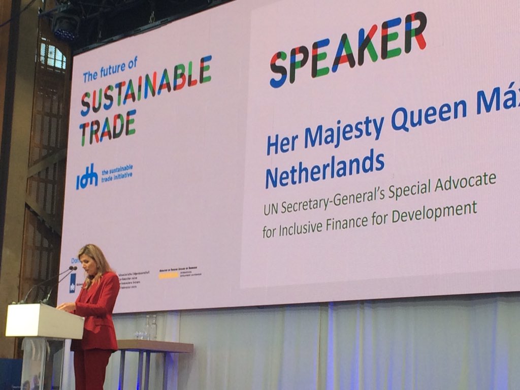 IDHTrade's tweet photo. Her Majesty Queen Maxima of the Netherlands gives keynote speech on inclusive finance at #IDH10years https://t.co/oFvJB7liYX