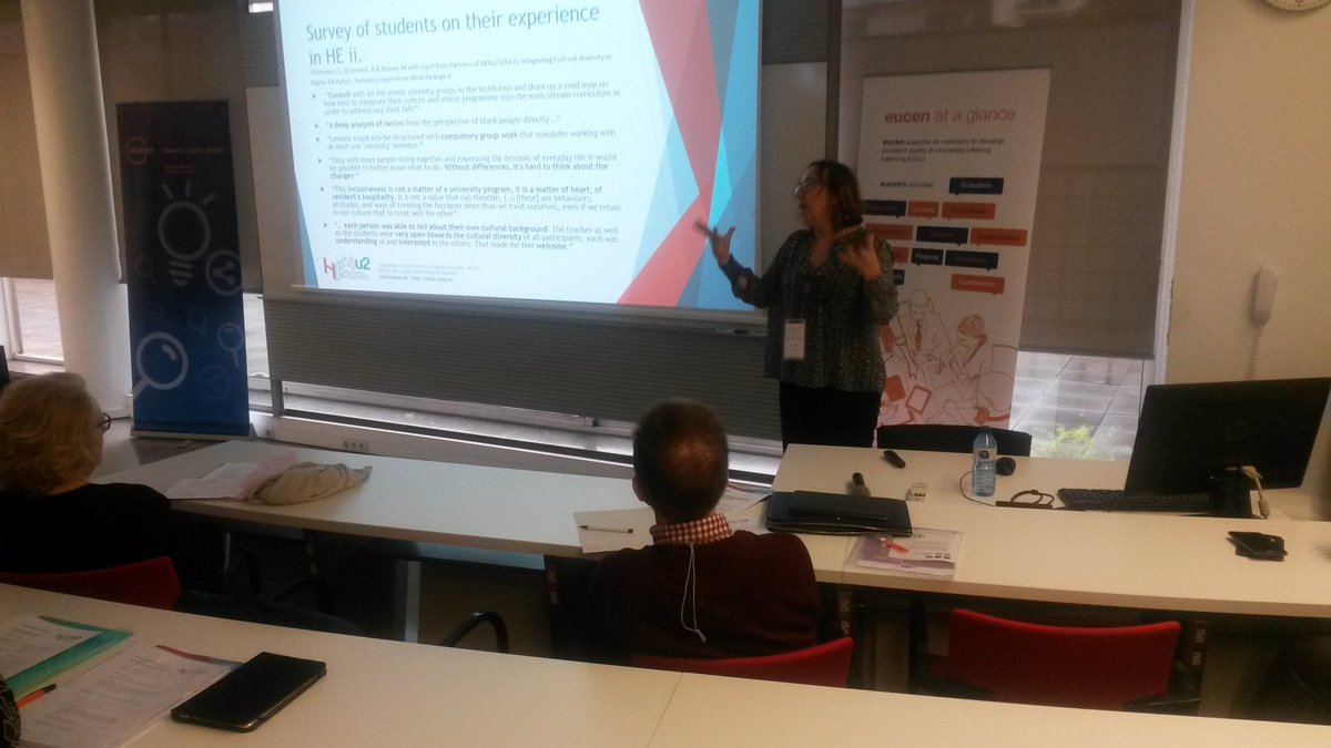 eucen's tweet photo. Isabel Menezes from the @UPorto tells about the work done within the #HE4U2 project to integrate #culturaldiversity into #highereducation @josephine_finn @EUErasmusPlus @royo_carme @EU_Social @EPALE_EU https://t.co/wlUoqzRqIl