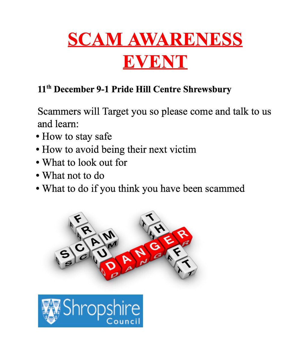janine_loxton's tweet photo. Save the date!December 11th, I will be joining @ShropCouncil for a scam awareness event in #Shrewsbury @pridehillcentre. We will be talking to you about the most common scams and the best ways to stay safe.
@AgainstScams #FAS #Scams

@SafePlaceShrops @ShrewsburyCops @ShrewsburyTC https://t.co/mvUoVk3H9E