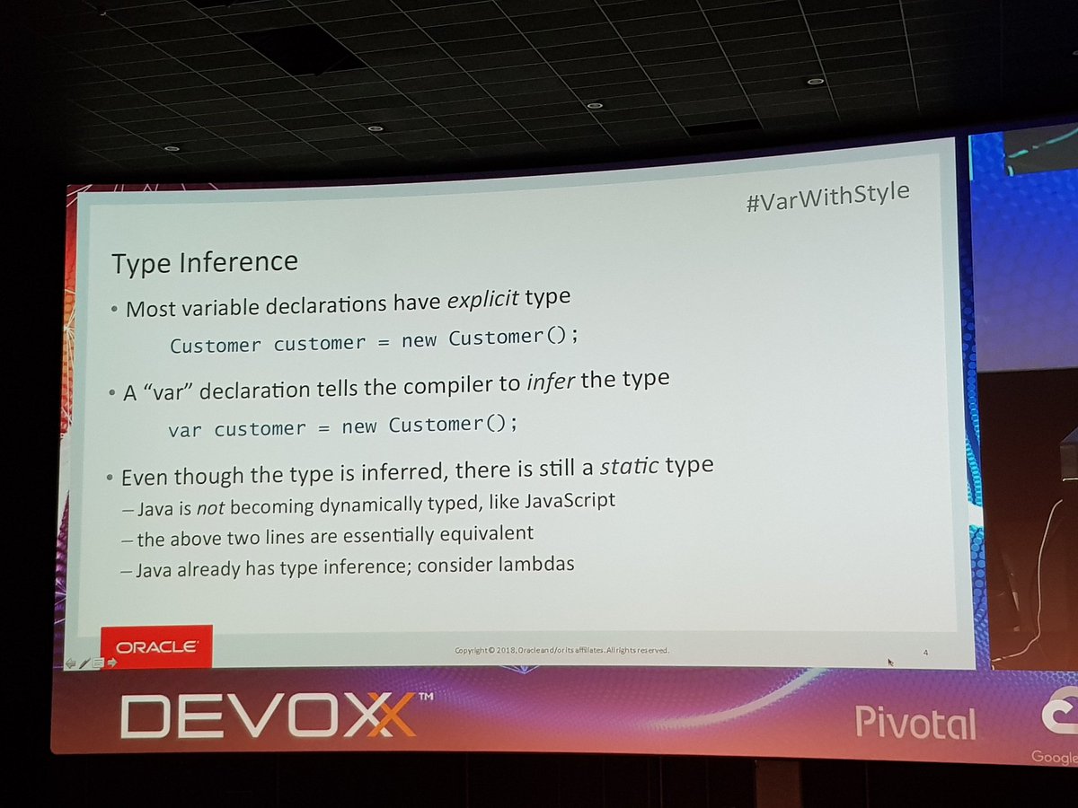marclameriks's tweet photo. At #Devoxx #VarWithStyle, I ust had a nice presentation about using a "var" declaration instead of an explicit one in some situations, in order to make code more readable.
@AMISnl https://t.co/rfUWHGOQoR
