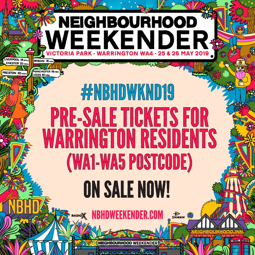 nbhdweekender's tweet photo. 🚨 #NBHDWKND19 pre-sale tickets for Warrington residents (WA1-WA5 postcode) are on sale now https://t.co/bmtdthojPF 
General tix on sale tomorrow 9:30am

Anybody who purchases tickets during the pre-sale who doesn’t have a valid Warrington postcode will have their order cancelled https://t.co/6aedAKZvsn