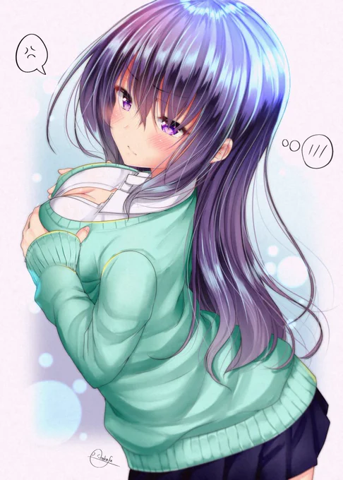 体の一部を褒められて怒りつつも複雑な表情の女の子らくがきです 