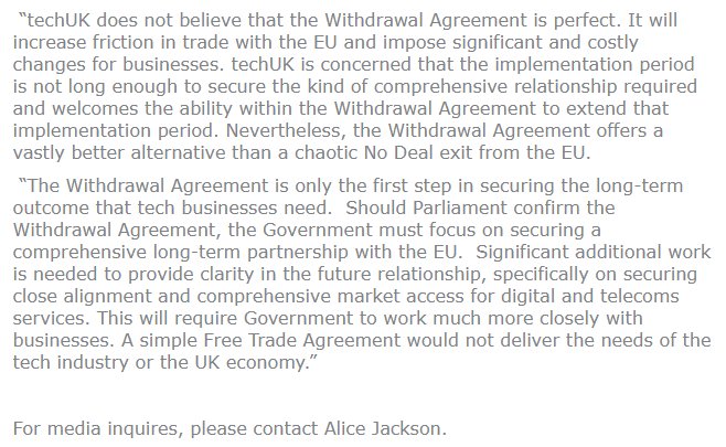 techUK's tweet photo. techUK believes that Members of Parliament should support the Withdrawal Agreement in the ‘meaningful vote’. Read @techUKCEO full comment here: https://t.co/C90gYVkys5 https://t.co/KJeZZ9SXDn