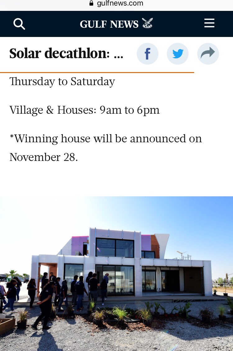 Check out this <a href="/gulfnewsjournal/">Gulf News Journal</a> article on the #SDME2018 #SolarDecathlon: focus on the brilliant <a href="/DesertRoseHouse/">Team UOW Australia</a> built just next door to us: and photos of many others too! Our #Orahouse seen below. 
Got any plans for next week? Come visit us all!
bit.ly/2TbRr5X