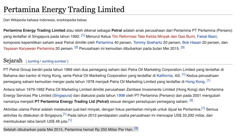 Plus, demi bisa jualan hasil bumi Indonesia ke luar negeri, dibikin perusahaan baru yang kendalinya dipegang sama anggota keluargamu sendiri.Setelah bapakmu lengser, Pertamina ngambil alih lagi kedaulatan pengelolaan hasil bumi Indonesia dan menghemat $99,000,000 tiap tahunnya.