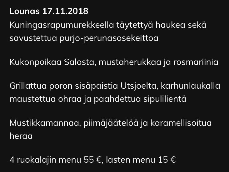Lauantai lounaalla herkutellaan todellisella Suomiruoalla! Poroa, haukea, kukkoa ja mustikkaa. Tue kotimaista ja vähän norjan poikaakin.
