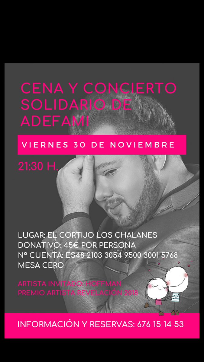 AsocADEFAMI's tweet photo. Cena #solidaria de #Adefami el próximo 30 de noviembre con la actuación de Hoffman, Artista Revelación 2018.

¡Os esperamos!

#AtencionTemprana #Malaga https://t.co/8f1aomsPi2