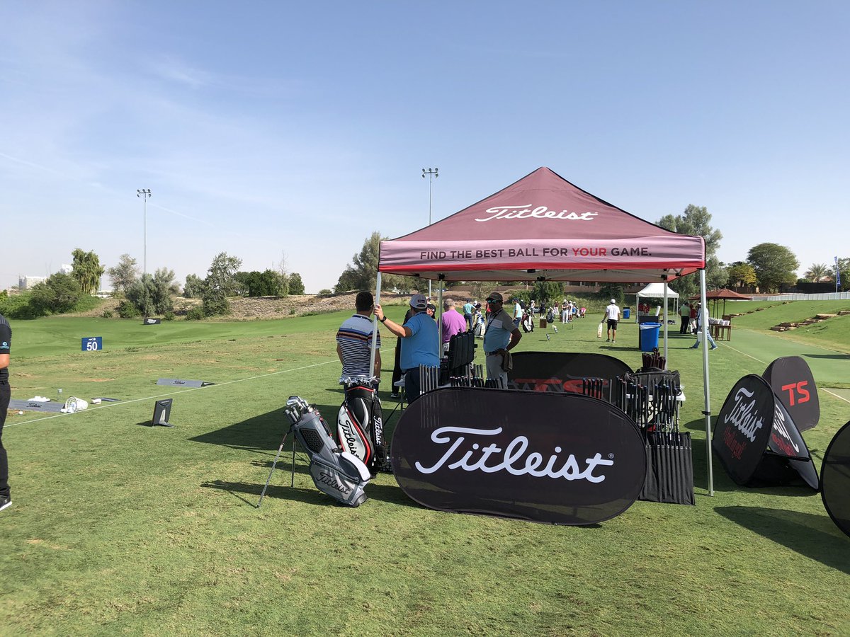 TitleistEurope's tweet photo. Another #UltimateFit Event taking place today @jumeirah.golf on the worldโs biggest stage @europeantour @dpwtc. Some very happy competition winners getting the chance to hit balls next to the best players in the world. #TeamTitleist https://t.co/aAJEbJHRAV