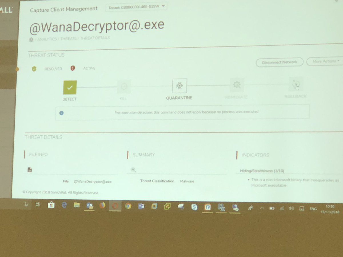 IngensNetworks's tweet photo. #Sonicwall_partner_roadshow_Nov18 #Capture_ATP Demo en tiempo real de funcionamiento por Alex Vazquez y Antonio Cancellara. Muestran como bajando amenaza en internet, el Capture actua con detalle y efectividad. Incluso permite desconectar la maquina de la red en remoto...VITAL https://t.co/hrzGE3tgip