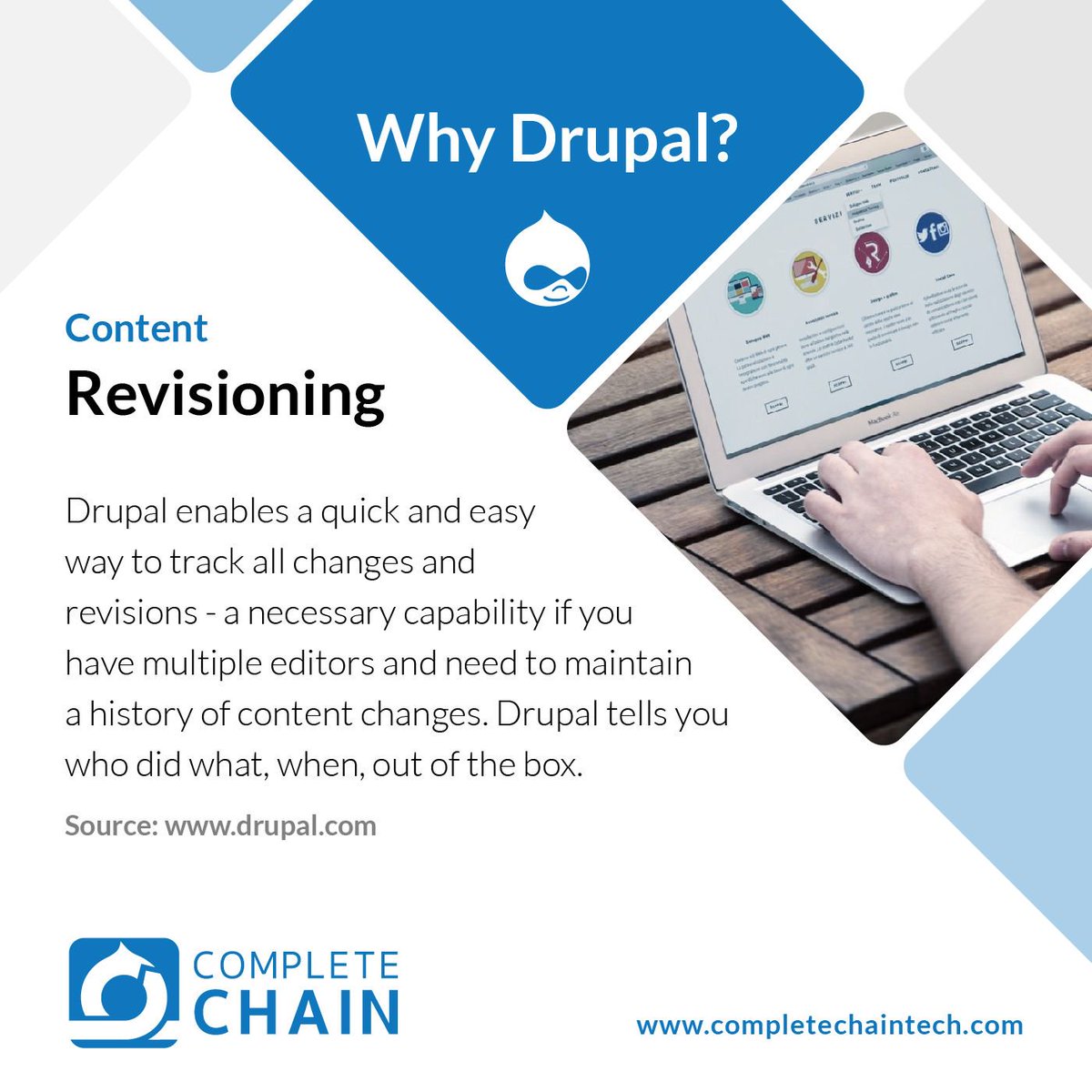 CompleteChain's tweet image. Why Drupal?
Content Revisioning

Drupal enables a quick and easy way to track all changes and revisions - a necessary capability if you have multiple editors and need to maintain a history of content changes. Drupal tells you who did what, when, out of the box

#Drupal #WhyDrupal