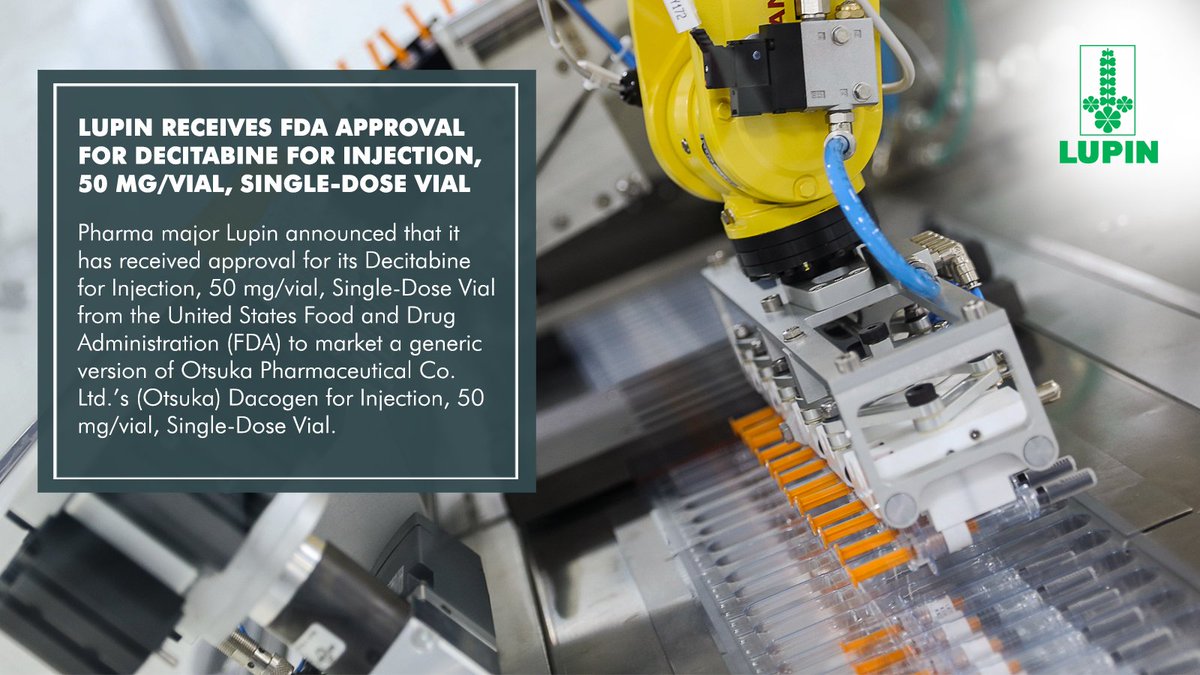 LupinGlobal's tweet photo. Lupin announced that it has received approval for its Decitabine for Injection, Single-Dose Vial from the US FDA to market a generic version of Otsuka Pharmaceutical Co. Ltd.’s Dacogen for Injection, Single-Dose Vial. Read More: https://t.co/71LQ0WYlh0 #ThinkHealthThinkLupin https://t.co/mFvrORTjgv