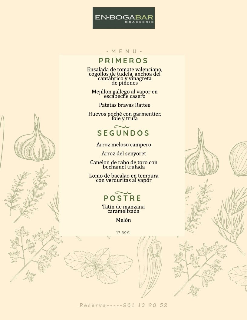 Nuestro 🍴menú del día🍴

➡️A elegir un primero, un segundo y un postre

🥘Arroz mínimo para dos personas

📍Os esperamos en Av. de Aragón

¡Feliz jueves!

#Valencia #Enbogabar #Paella #Tapas #Brasserie #Pescados #Valenciacity #felizjueves #thursdaymood