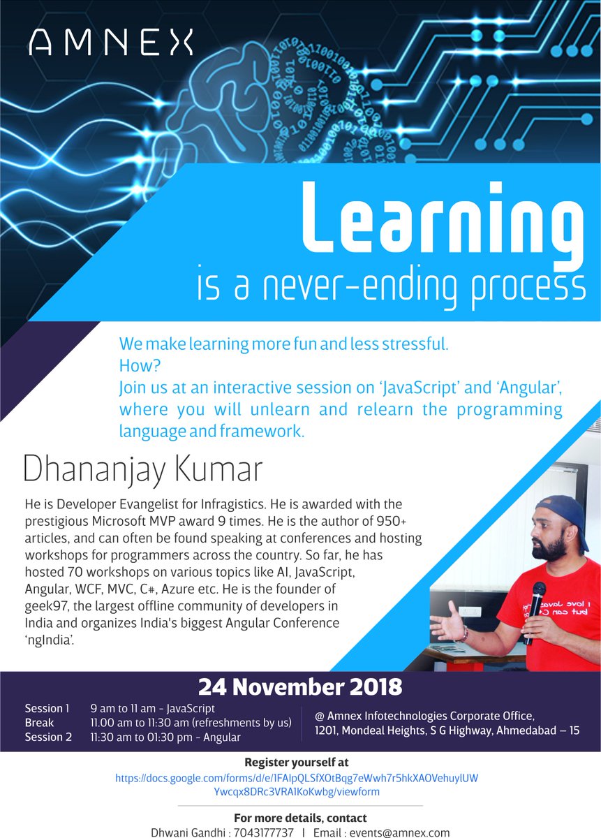 amnexinfotech's tweet photo. Join us at an #interactivesession on #JavaScript and #Angular, presented by Developer Evangelist, #DhananjayKumar
Register Now: https://t.co/iDelyutY4Q
#Amnex #intelligenceisnatural #innovative #ahmedabad #framework #programminglanguage #communityofdevelopers #November2018 https://t.co/qmaIEsHOTo