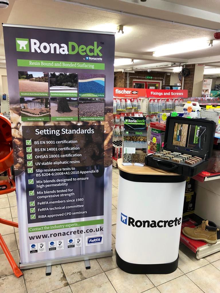 We are at <a href="/BuildbaseUK/">Buildbase</a> Basildon today discussing RonaDeck Resin Bound Surfacing. If you are interested in Resin Bound Surfacing or any other Ronacrete products, pop in for a chat!