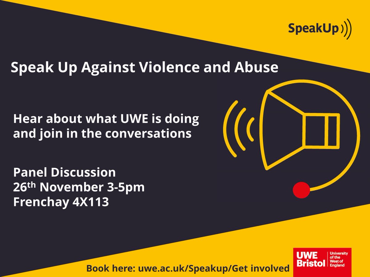 TheSUatUWE's tweet image. Next Thursday @UWEBristol are hosting a discussion: UWE Speaks Up Against Violence and Abuse in recognition of the UN International Day for the Elimination of Violence against Women #SpeakUp
🕗 15:00 - 17:00
🚩 4X113, X Block, Frenchay Campus
Sign up: info.uwe.ac.uk/events/event.a…