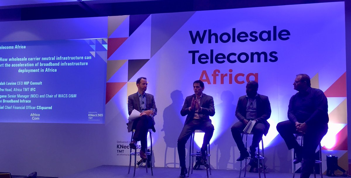 We're at #AfricaCom where HIP's CEO Judah Levine moderates a panel discussing how #wholesale #openaccess #infrastructure can support #broadband deployment in #Africa with Germán Cufré of <a href="/IFC_org/">IFC</a>, Kgomotso Peter Mafagana of <a href="/bbinfraco/">Broadband Infraco</a> &amp; Alexander C. Kiel of CSquared.