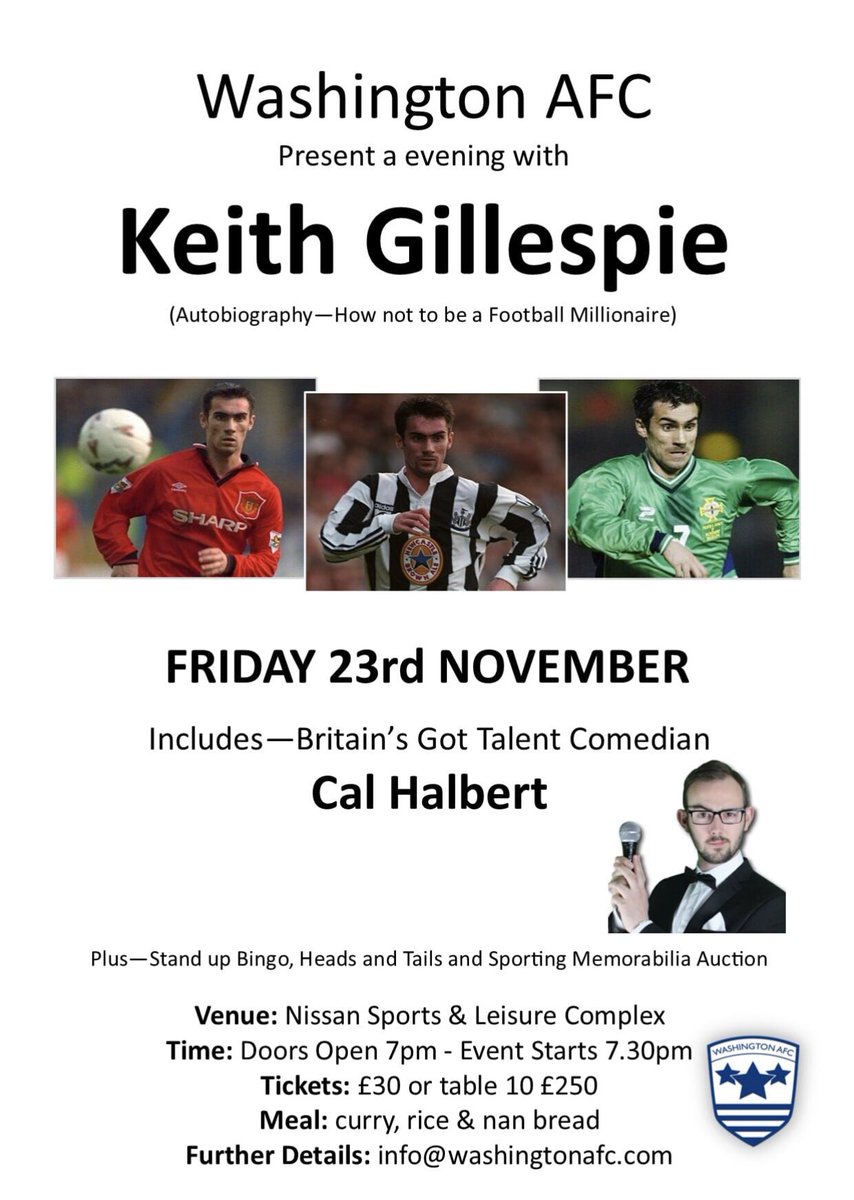 We are hosting an Evening with Keith Gillespie on Friday 23rd November at Nissan. Anyone wanting to attend contact @info@washingtonafc.com @theofficialnl @MarkCarruthers_ Please RT