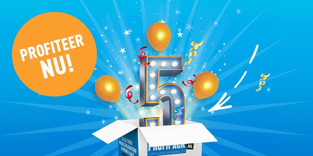 Profipack1's tweet image. Hiep, hiep, hoera! Wij bestaan 5 jaar &amp;amp; vieren dat met onze jubileumknallers. Profiteer alleen deze maand van hoge kortingen op onze hardlopers van de afgelopen jaren! profipack.nl/jubileumknalle…

#Profipack #Verpakkingsmateriaal
#5jaar #Jubileum #HiepHiepHoera