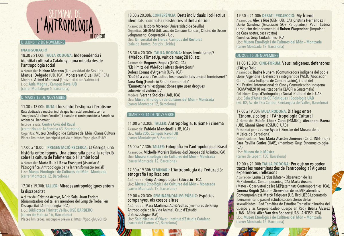 AntropologiaUB's tweet image. Seguim amb la III #AntropologiaSetmana
@AntropologiaCat 

i si ets dels que entre setmana va molt ocupat... recorda que també hi ha activitats pel cap de setmana! No tens #excusa, comparteix amb nosaltres la passió per l' #Antropologia