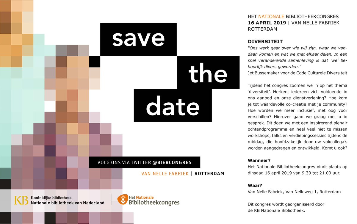 Save the date! Het volgende Nationale Bibliotheekcongres gaat plaatsvinden op 16 april 2019 in de Van Nelle Fabriek te Rotterdam. We gaan met elkaar in gesprek over het onderwerp diversiteit. Binnenkort meer informatie op de congreswebsite! <a href="/van_nelle/">Van Nelle Fabriek</a> #kennisdelen #netwerken