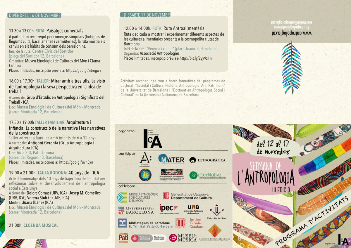 AntropologiaUB's tweet image. Seguim amb la III #AntropologiaSetmana
@AntropologiaCat 

i si ets dels que entre setmana va molt ocupat... recorda que també hi ha activitats pel cap de setmana! No tens #excusa, comparteix amb nosaltres la passió per l' #Antropologia