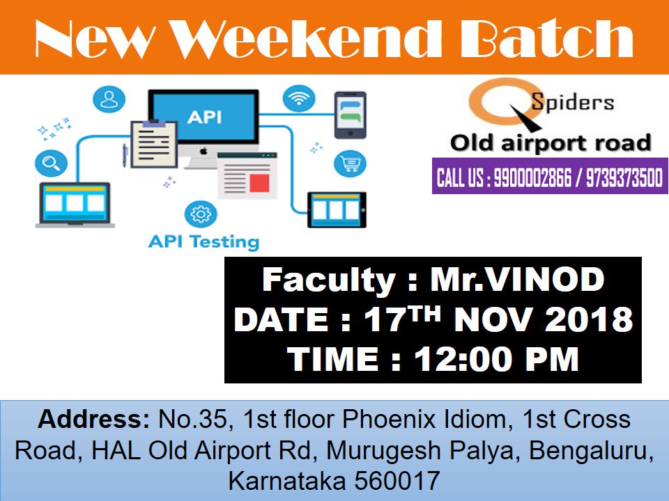 OarQspiders's tweet image. #QSpiders Old Airport Road
#NEW_WEEKEND_BATCH #API_TESTING
#call us on 9900002866/9739373500
#venue:Qspiders, Phoenix Idiom, No. 35,1st floor, 1st Cross, Old Airport Rd, Murugeshpalya, Bengaluru- 560017 #https://www.facebook.com/qspiders.oldairportroad.