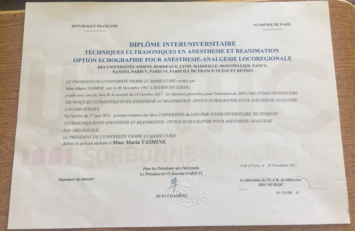 MariaaYasminee's tweet photo. Having 2 diplomes from la #sorbonne is an honor 😇 here's the first #TUSAR #ALR #Anesthesie #reanimation #Echographie #upmc https://t.co/PSH2e0Y4XO