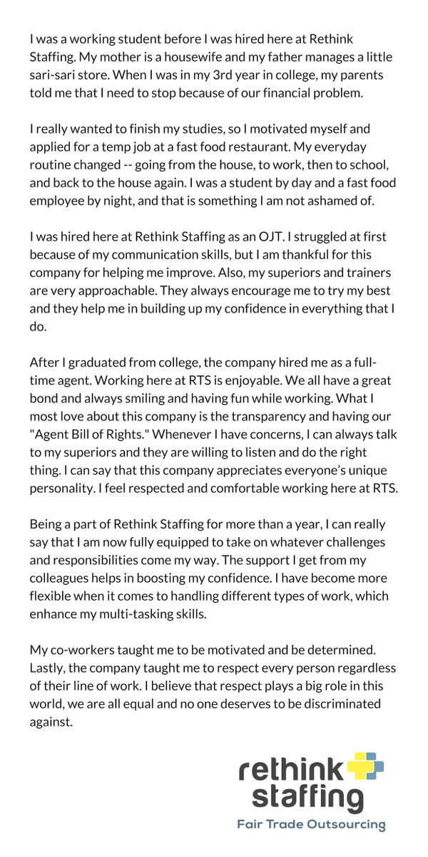 FTOutsourcing's tweet photo. Whenever I have concerns, I can always talk to my superiors and they are willing to listen and do the right thing. #HumansofRethinkStaffing #HoRTS #RethinkStaffing #ReggieBharwani #EmpoweredAgents https://t.co/2vSNUMTJOe