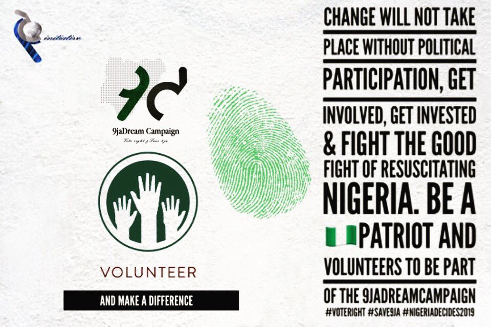 peoplesdreamNGO's tweet photo. Send your details to PDINITIATIVE @MAIL.COM & Join the 9jaDreamCampaign and let’s stand together for what is right, just and credible.Together let’s end “VOTE 🗳 BUYING & SELLING” and foster a cogent DEMOCRACY #9jaDreamCampaign #VoteRight #Save9ja #NigeriaDecides2019 https://t.co/4eQvrt755v
